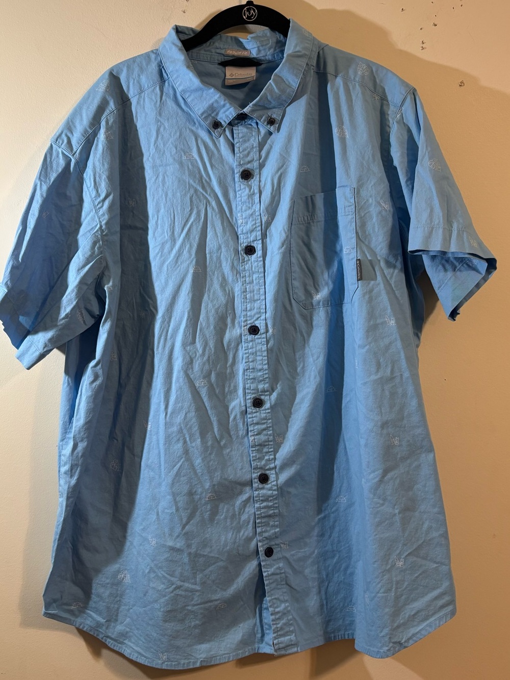 Columbia Men’s Blue Button collar XXL shirt short sleeve Sun Palm tree icons